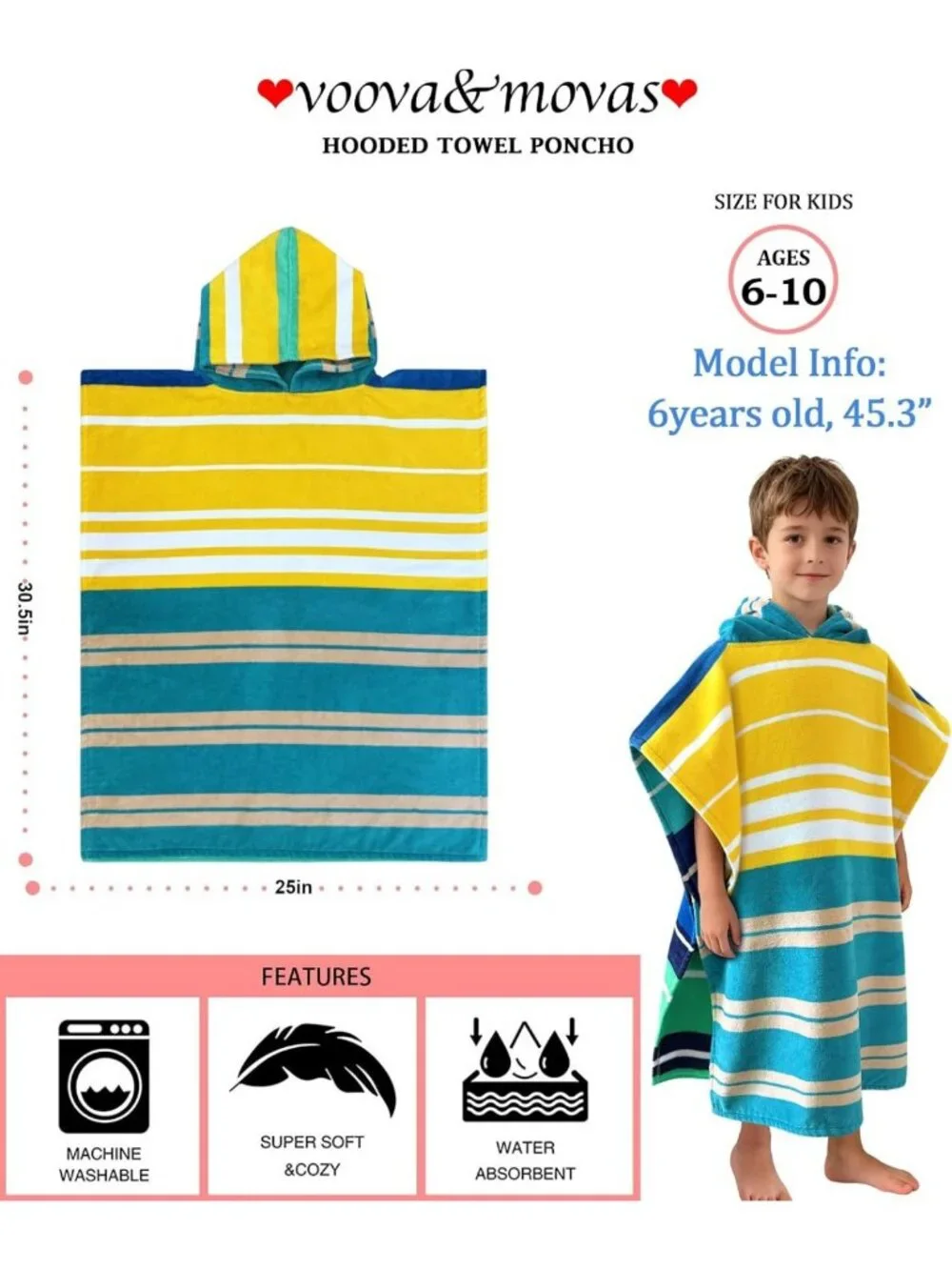 Cozy Hooded Poncho Towel for Kids 6-10Y, Soft 100% Cotton, Blue Stripes